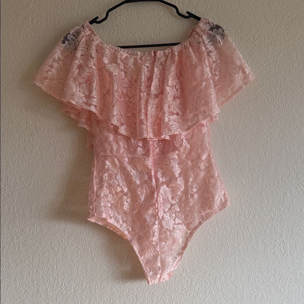 Vintage 1980’s Pink Lace coquette romantic sheer ruffle Bodysuit - Picture 6 of 10